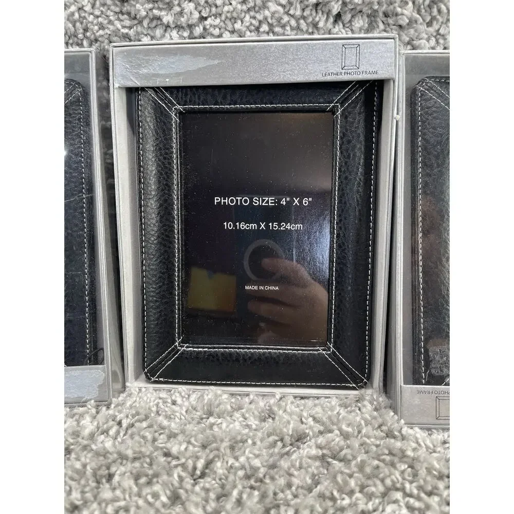 Black Leather 4x6 Picture Frames Photo Bundle 4 Piece Set Home Decor New